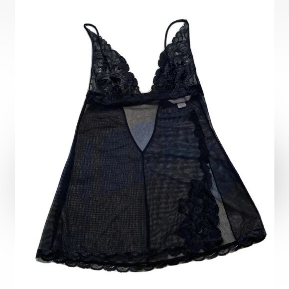 Victoria’s Secret Lingerie Chemise Slip Teddy Babydoll Black Mesh W Lace… - Picture 2 of 12